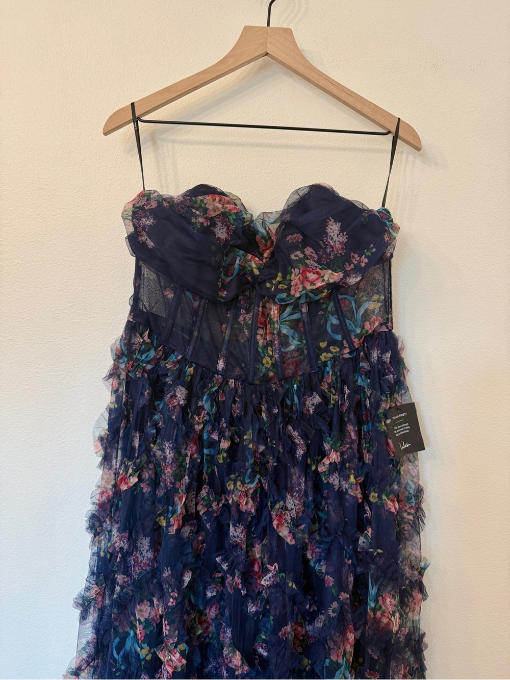 Lulu's Navy Strapless Floral Ruffle Maxi Dress - Picture 2 of 5